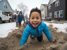 kid enjoys the winter snowy day in playful pose AI Generative photo