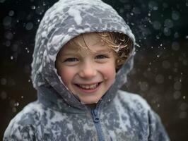 kid enjoys the winter snowy day in playful pose AI Generative photo