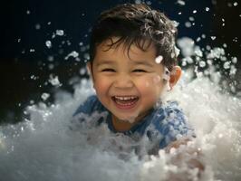 niño disfruta el invierno Nevado día en juguetón actitud ai generativo foto