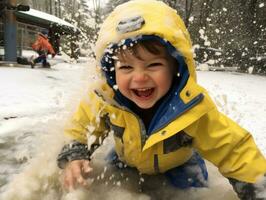 kid enjoys the winter snowy day in playful pose AI Generative photo