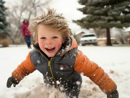 kid enjoys the winter snowy day in playful pose AI Generative photo