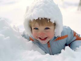 kid enjoys the winter snowy day in playful pose AI Generative photo