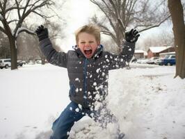 kid enjoys the winter snowy day in playful pose AI Generative photo