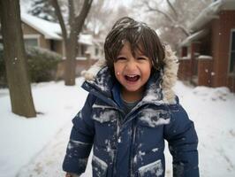 kid enjoys the winter snowy day in playful pose AI Generative photo