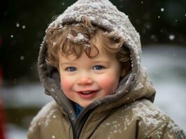 kid enjoys the winter snowy day in playful pose AI Generative photo