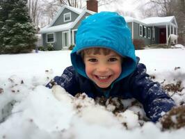 kid enjoys the winter snowy day in playful pose AI Generative photo