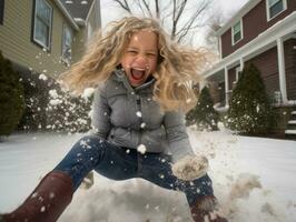 kid enjoys the winter snowy day in playful pose AI Generative photo