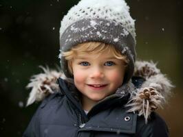 kid enjoys the winter snowy day in playful pose AI Generative photo