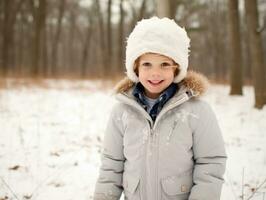 kid enjoys the winter snowy day in playful pose AI Generative photo