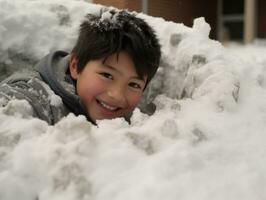 niño disfruta el invierno Nevado día en juguetón actitud ai generativo foto