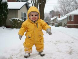 kid enjoys the winter snowy day in playful pose AI Generative photo