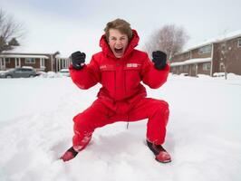 kid enjoys the winter snowy day in playful pose AI Generative photo