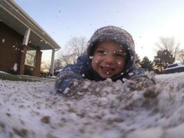 kid enjoys the winter snowy day in playful pose AI Generative photo