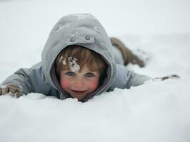 kid enjoys the winter snowy day in playful pose AI Generative photo