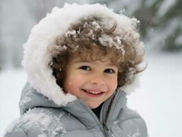 kid enjoys the winter snowy day in playful pose AI Generative photo