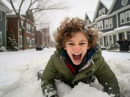 kid enjoys the winter snowy day in playful pose AI Generative photo