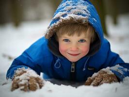 kid enjoys the winter snowy day in playful pose AI Generative photo