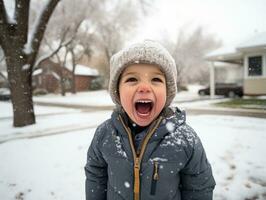 kid enjoys the winter snowy day in playful pose AI Generative photo