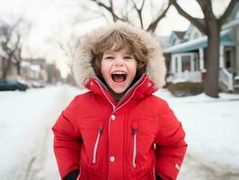 kid enjoys the winter snowy day in playful pose AI Generative photo