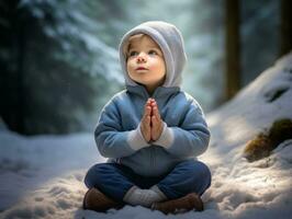 kid enjoys the winter snowy day in playful pose AI Generative photo