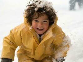 kid enjoys the winter snowy day in playful pose AI Generative photo