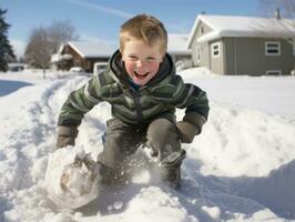 kid enjoys the winter snowy day in playful pose AI Generative photo