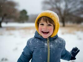 kid enjoys the winter snowy day in playful pose AI Generative photo