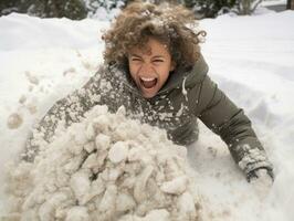 kid enjoys the winter snowy day in playful pose AI Generative photo