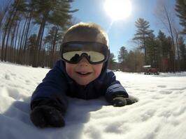 kid enjoys the winter snowy day in playful pose AI Generative photo