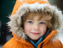 kid enjoys the winter snowy day in playful pose AI Generative photo