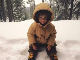 niño disfruta el invierno Nevado día en juguetón actitud ai generativo foto