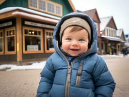 kid enjoys the winter snowy day in playful pose AI Generative photo