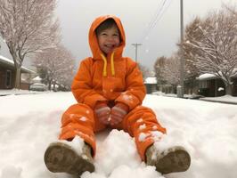 kid enjoys the winter snowy day in playful pose AI Generative photo