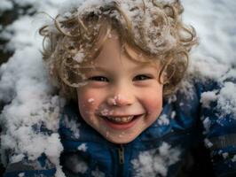 kid enjoys the winter snowy day in playful pose AI Generative photo