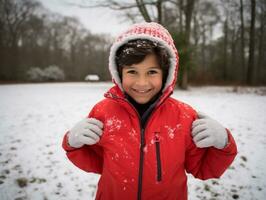 kid enjoys the winter snowy day in playful pose AI Generative photo