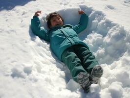 kid enjoys the winter snowy day in playful pose AI Generative photo