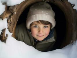 kid enjoys the winter snowy day in playful pose AI Generative photo