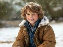 kid enjoys the winter snowy day in playful pose AI Generative photo