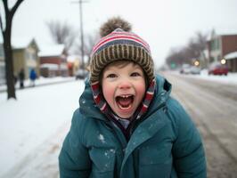 kid enjoys the winter snowy day in playful pose AI Generative photo