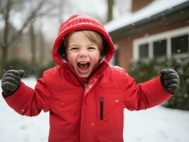 kid enjoys the winter snowy day in playful pose AI Generative photo