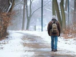 hombre disfruta un sin prisa caminar en un invierno día ai generativo foto