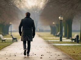 hombre disfruta un sin prisa caminar en un invierno día ai generativo foto