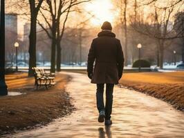 hombre disfruta un sin prisa caminar en un invierno día ai generativo foto