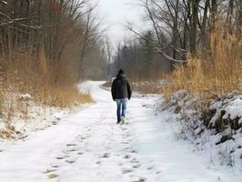 hombre disfruta un sin prisa caminar en un invierno día ai generativo foto