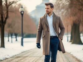 hombre disfruta un sin prisa caminar en un invierno día ai generativo foto