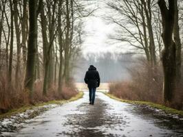 hombre disfruta un sin prisa caminar en un invierno día ai generativo foto