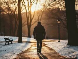 hombre disfruta un sin prisa caminar en un invierno día ai generativo foto