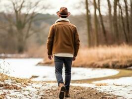 hombre disfruta un sin prisa caminar en un invierno día ai generativo foto