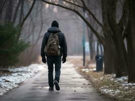 hombre disfruta un sin prisa caminar en un invierno día ai generativo foto