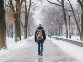 man enjoys a leisurely walk on a winter day AI Generative photo